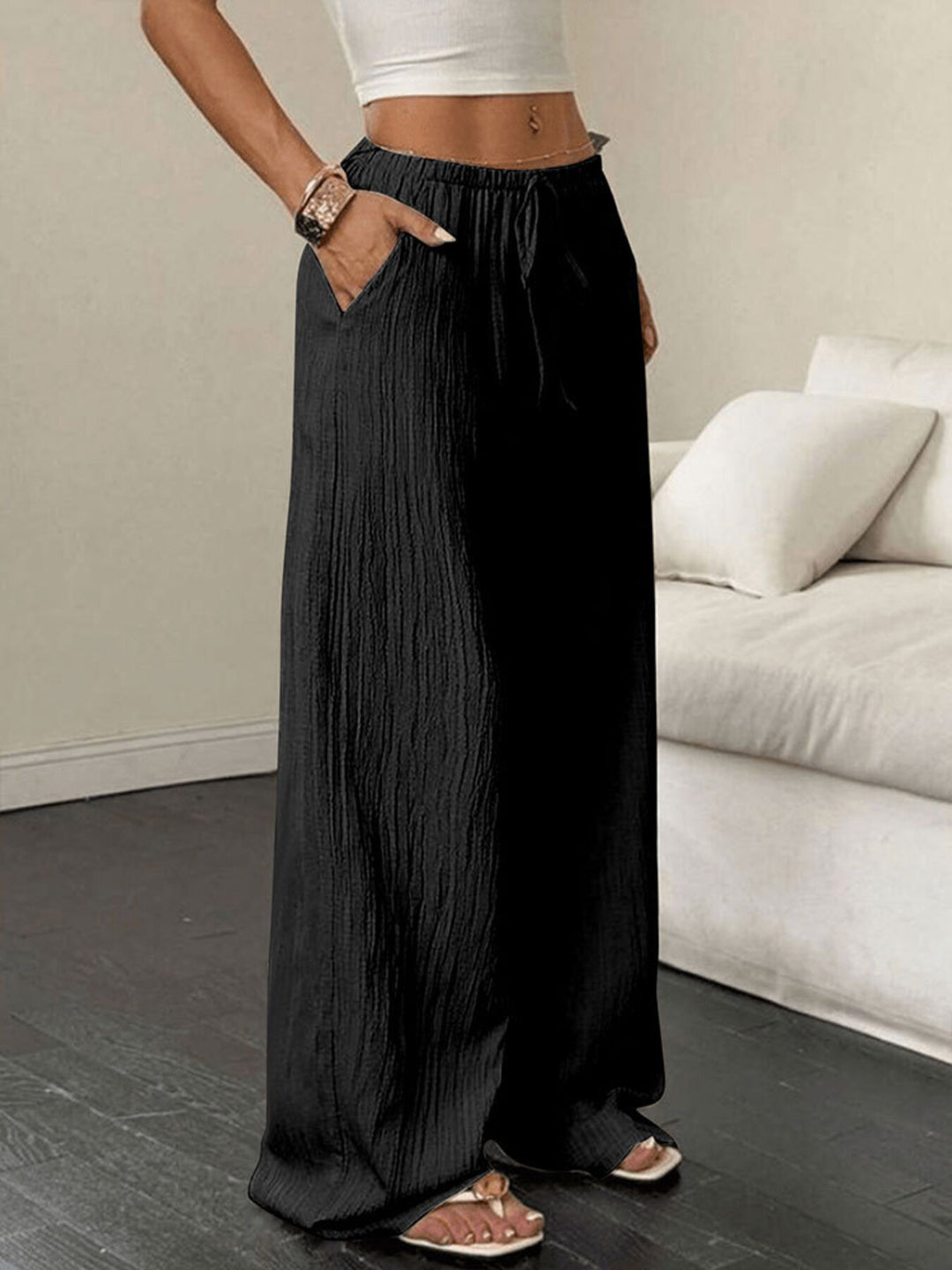 Crinkle textured wide leg pants with drawstring waist