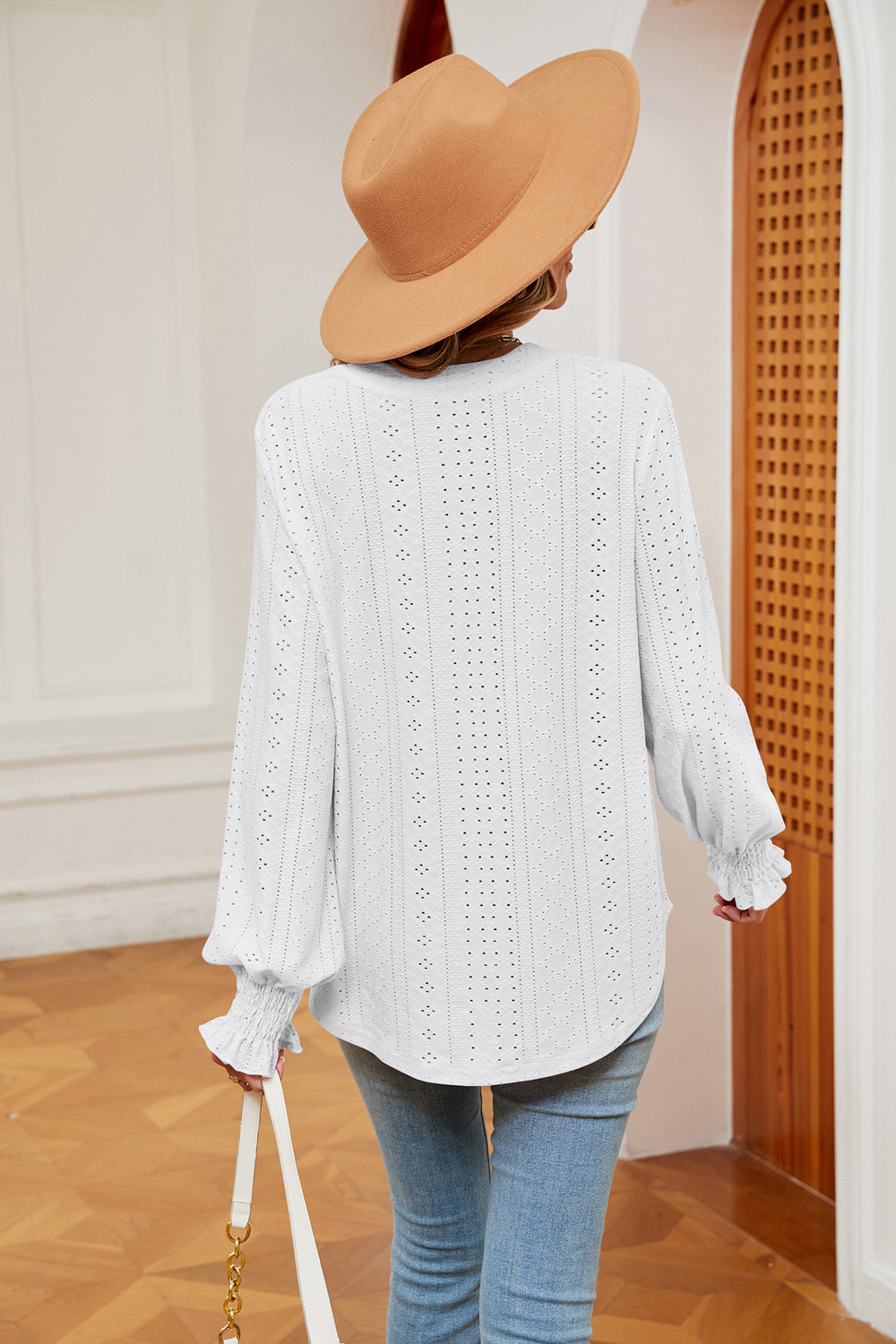 Eyelet notched-neck blouse with flounce sleeves