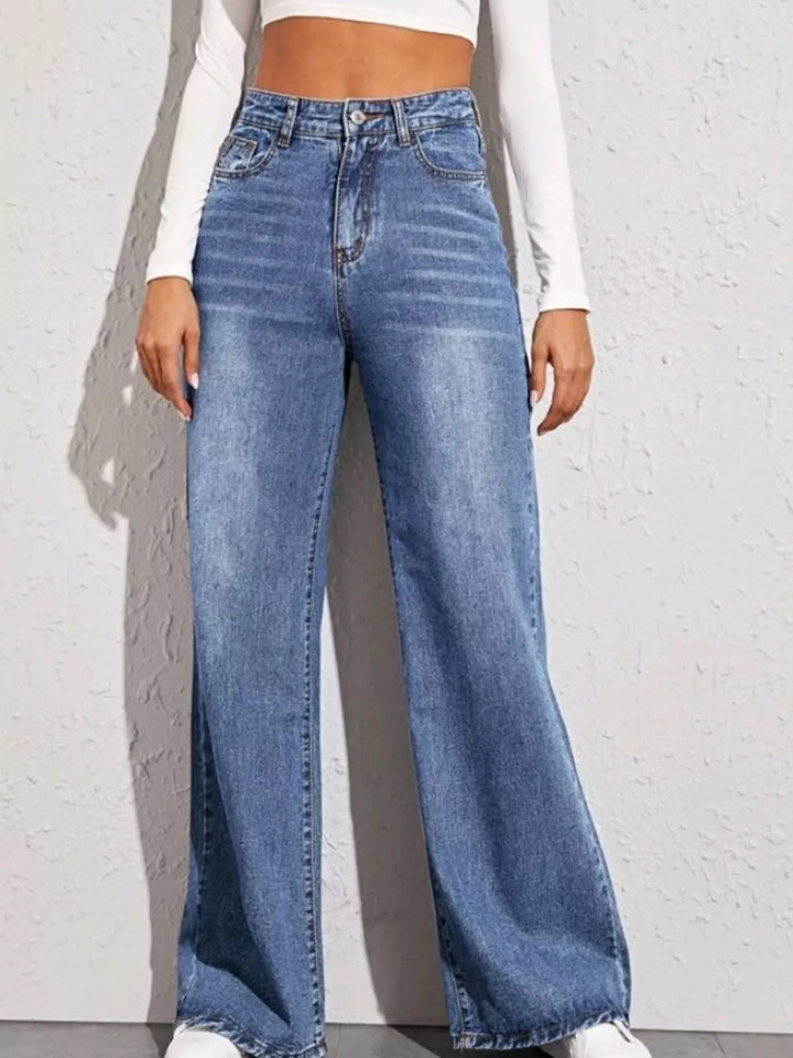 Blue High-rise wide leg jeans with classic five-pocket cut