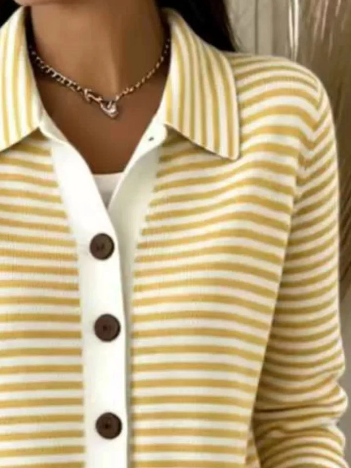 Striped button-down knit cardigan with pointed collar