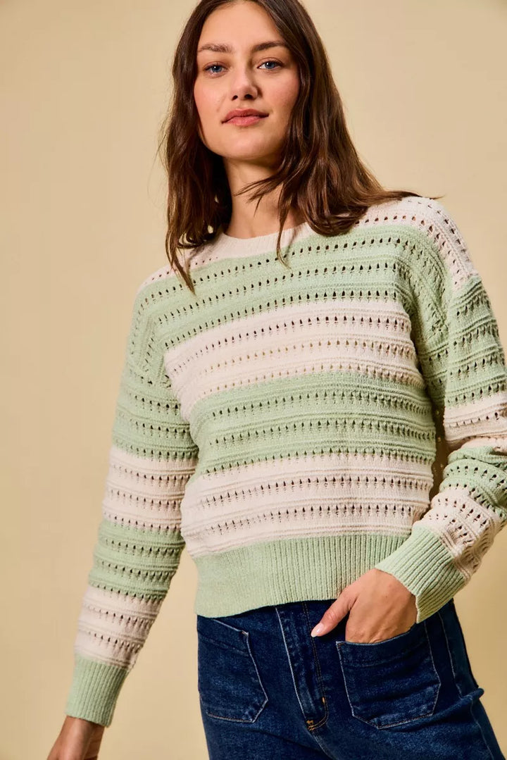 Openwork wide-stripe crew neck knit sweater