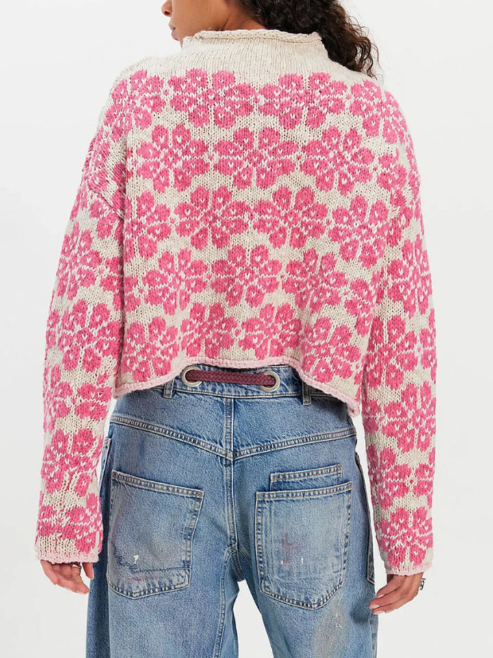 Floral knit dropped shoulder sweater with contrast trim