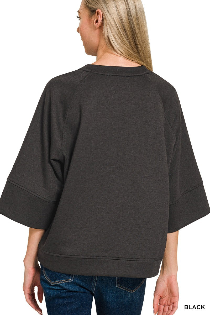 Scuba knit bell sleeve pullover with crew neck