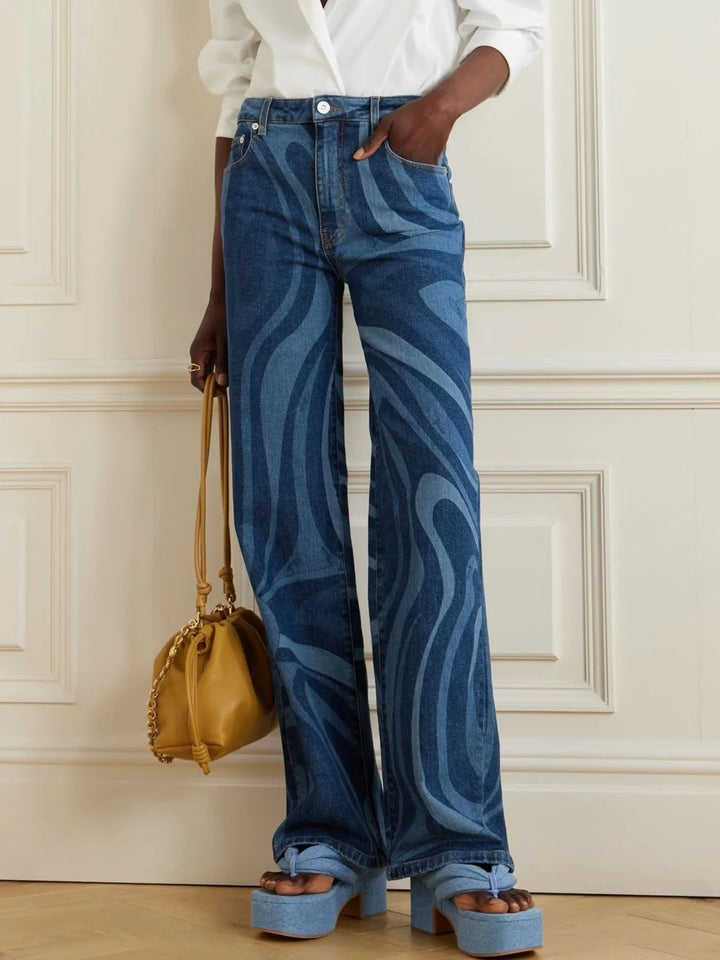 High-rise water ripple print wide-leg jeans