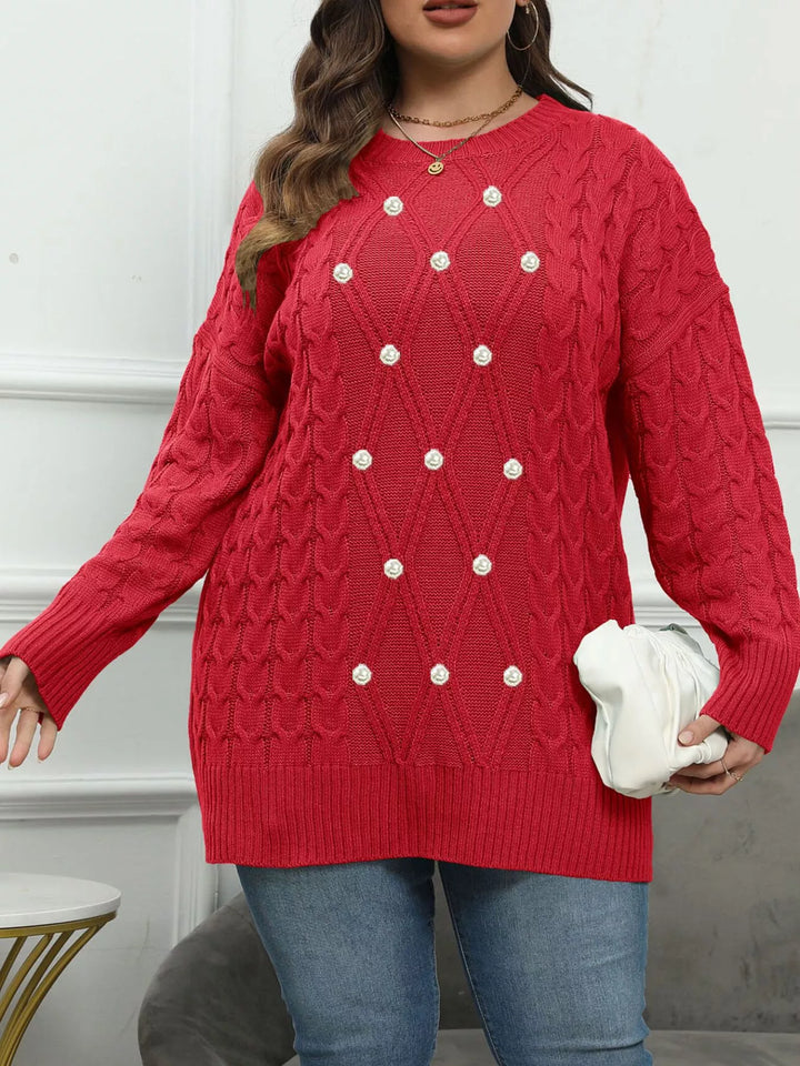 Red Cable knit dropped shoulder sweater with floral buttons