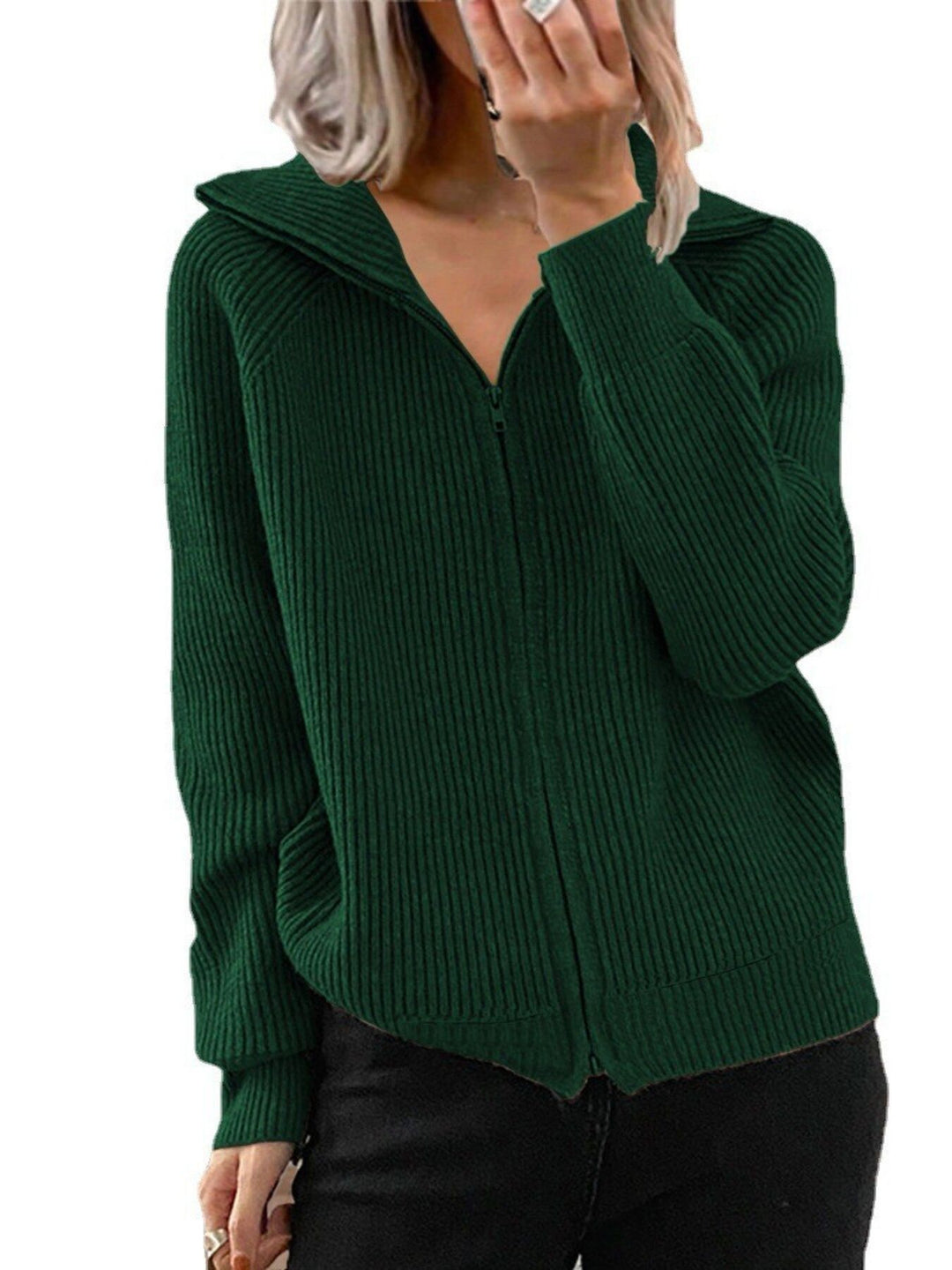 Green Ribbed knit zip-up cardigan with collar and pockets