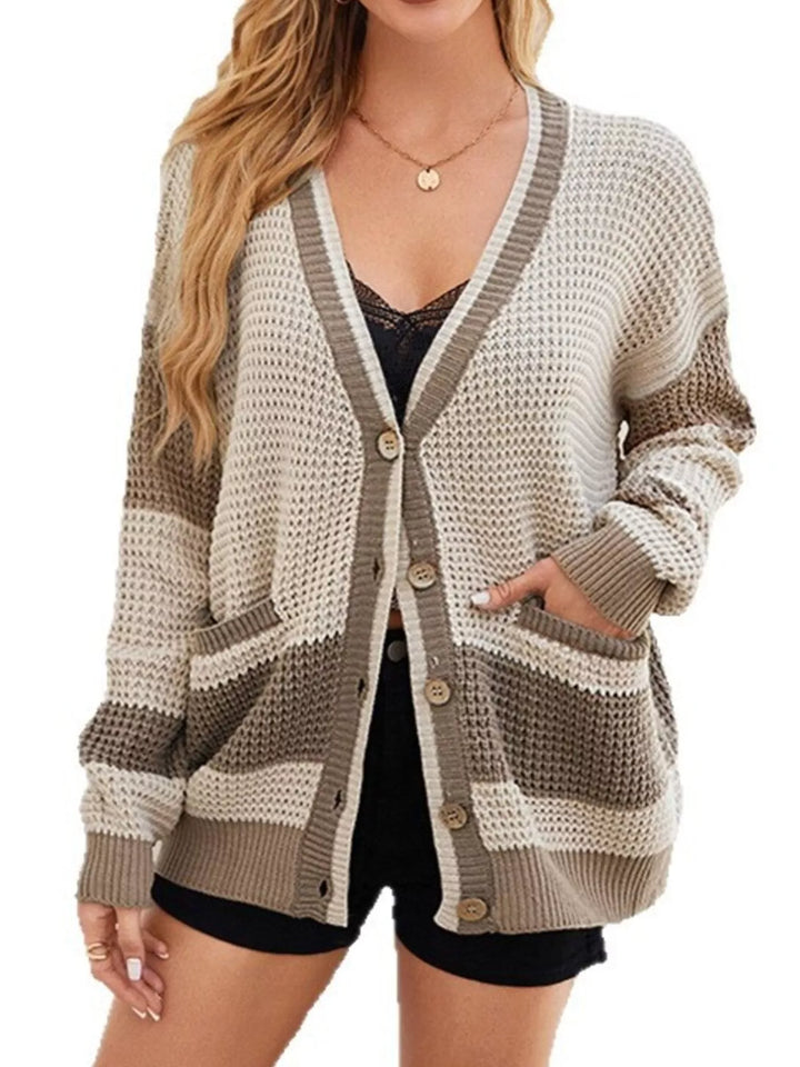 Khaki Color block waffle knit button-front V-neck cardigan