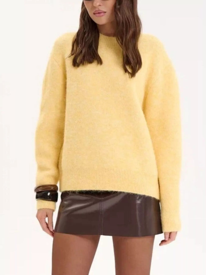 Dropped shoulder brushed knit crew neck sweater