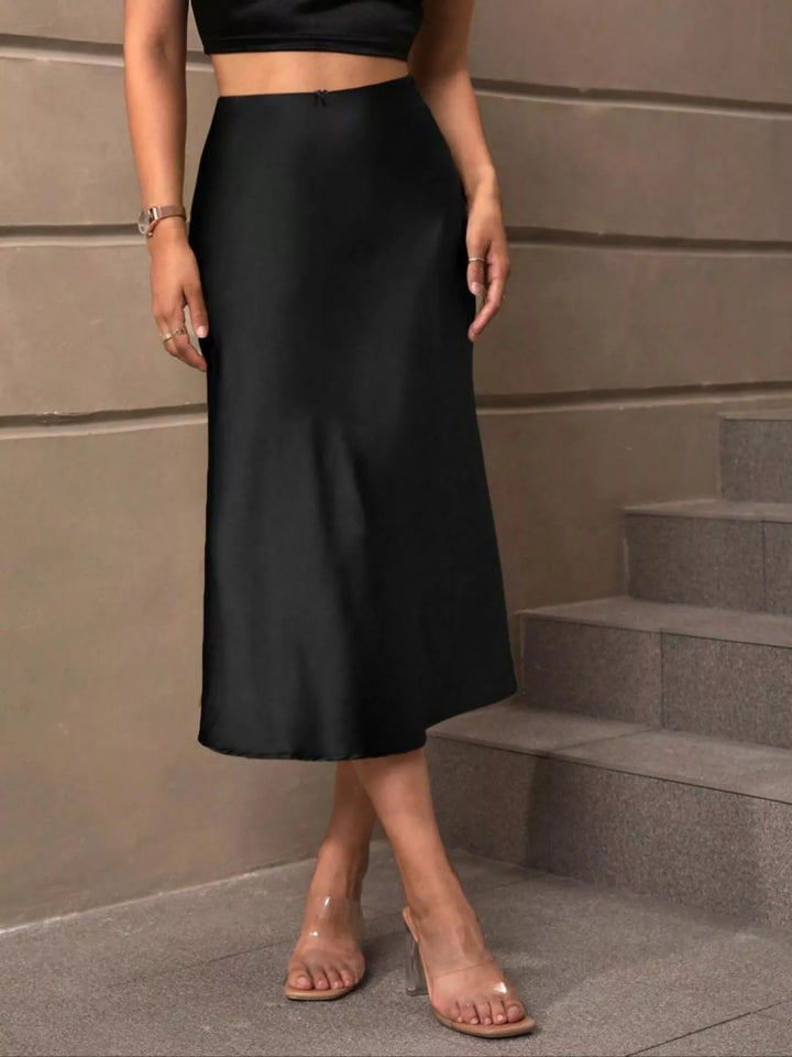 Satin midi skirt with high waist and A-line flare