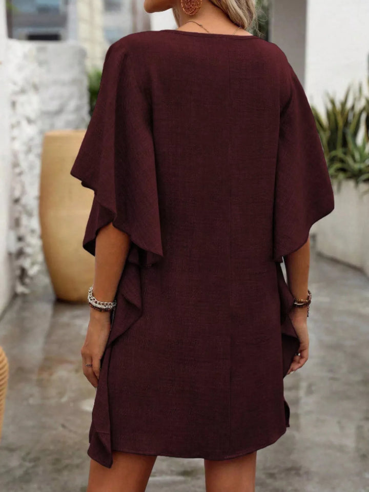 Flutter sleeve V-neck mini dress in textured weave