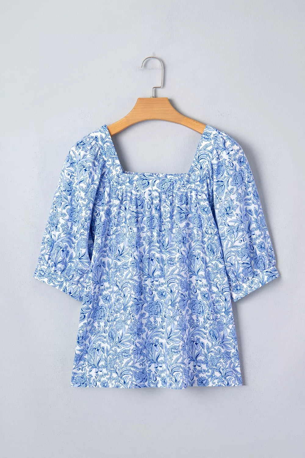 Square neck floral print puff sleeve blouse