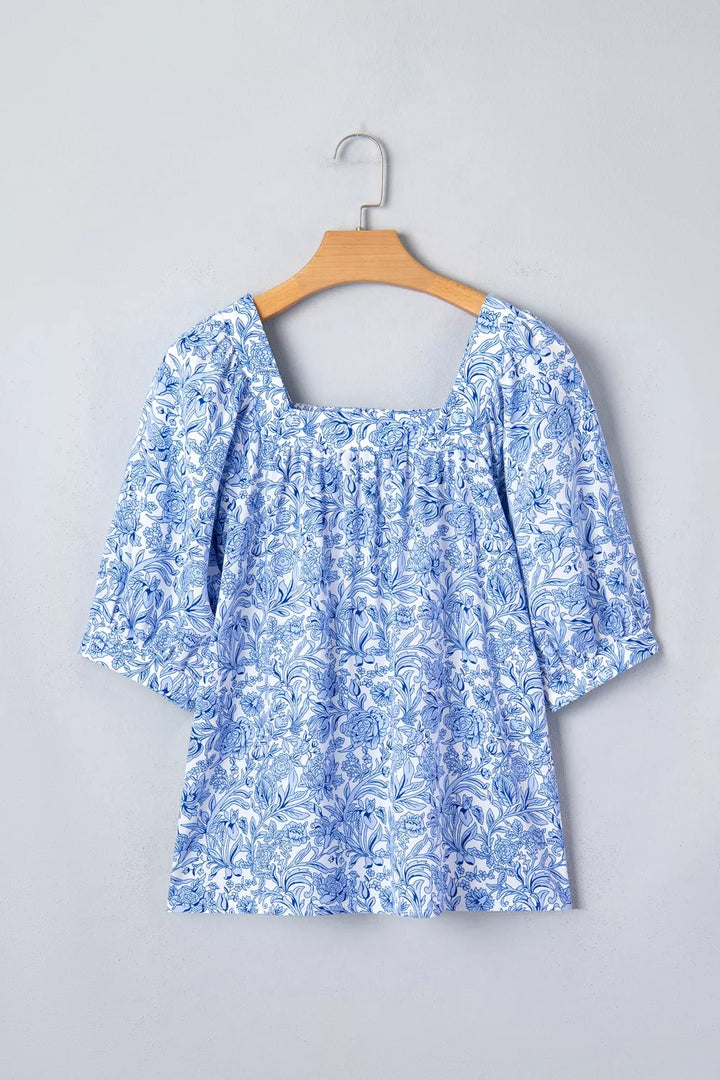 Square neck floral print puff sleeve blouse
