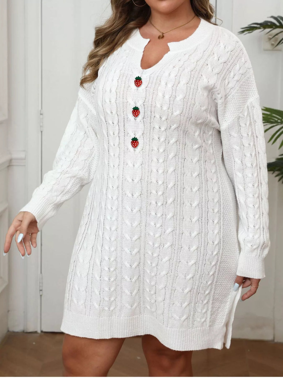 White Cable knit sweater dress with strawberry buttons