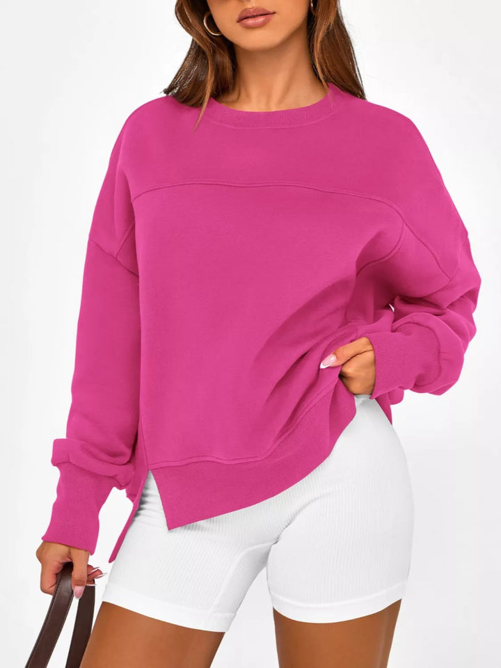 Side slit drop-shoulder relaxed crewneck sweatshirt