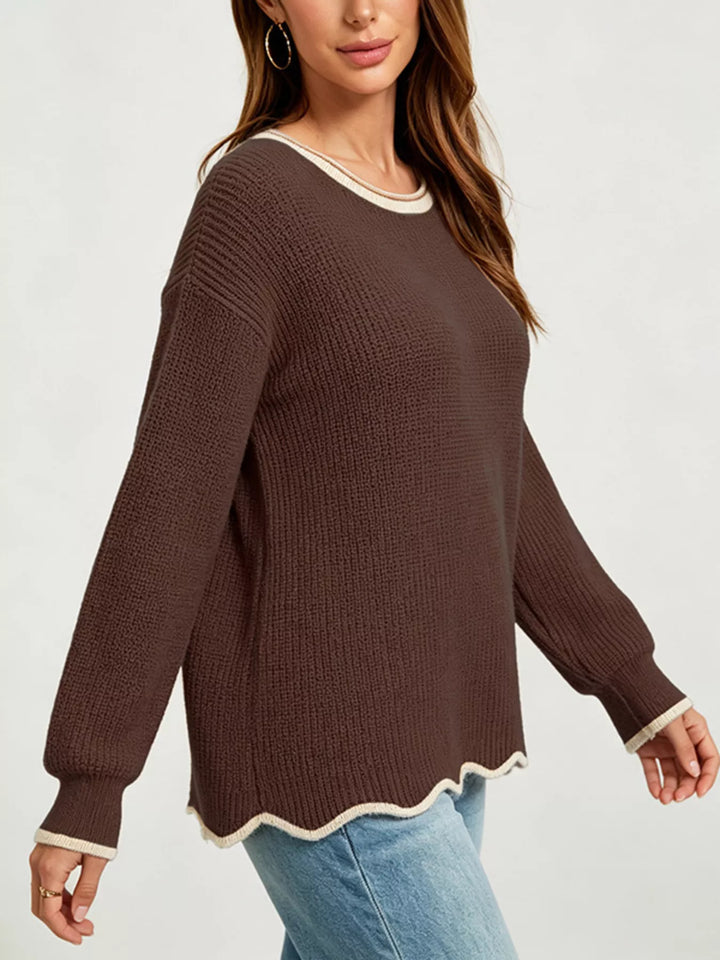 Scalloped hem ribbed knit sweater with contrast trim