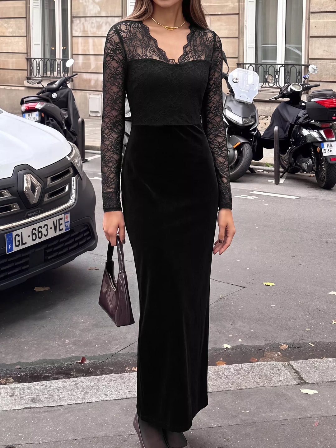 Lace bodice velvet midi dress with long sheer sleeves