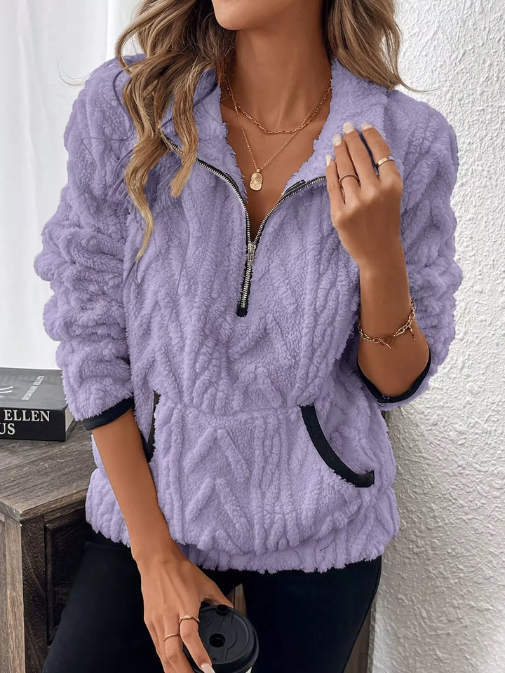 Lavender Textured fleece half-zip pullover with kangaroo pocket