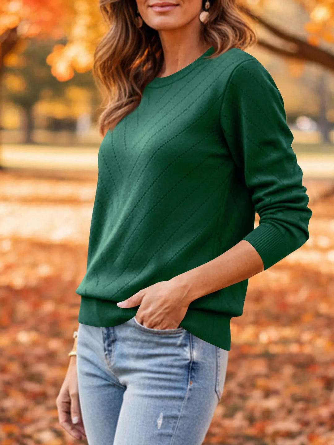 Openwork chevron knit crew neck pullover sweater