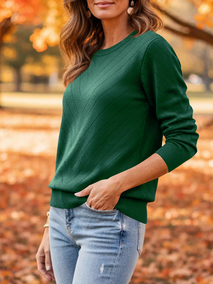 Openwork chevron knit crew neck pullover sweater