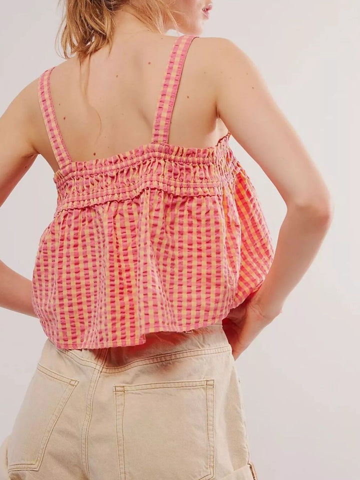 Smocked gingham tie-front cami with adjustable straps