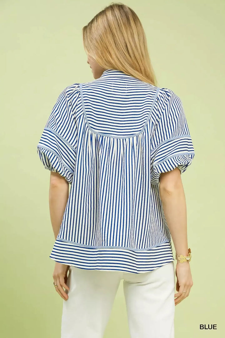 Striped puff sleeve babydoll top with split V-neck
