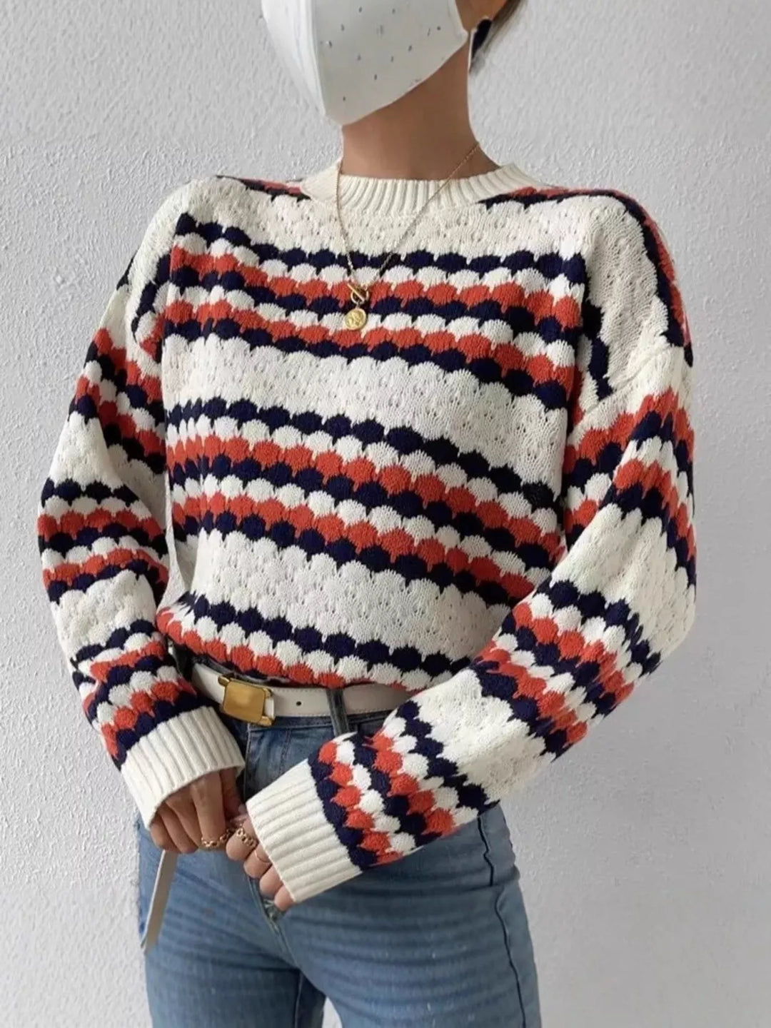 Multicolor Textured stripe open-knit round neck sweater