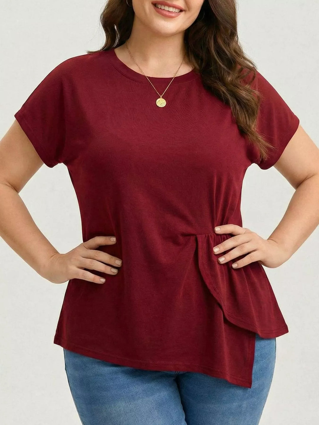 Plus size ruched side ruffle short sleeve top