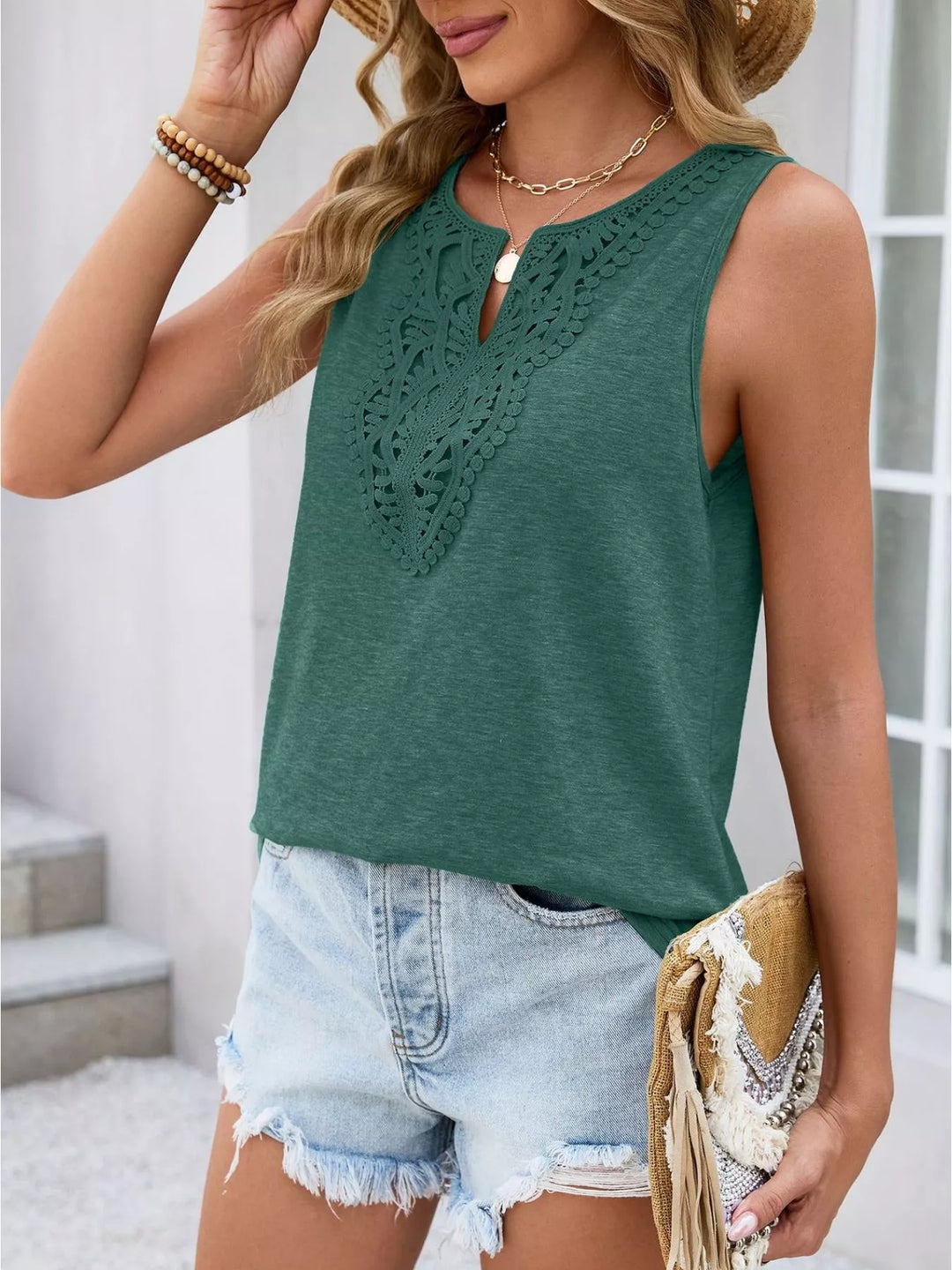 Lace crochet-trim notch-neck sleeveless tank top