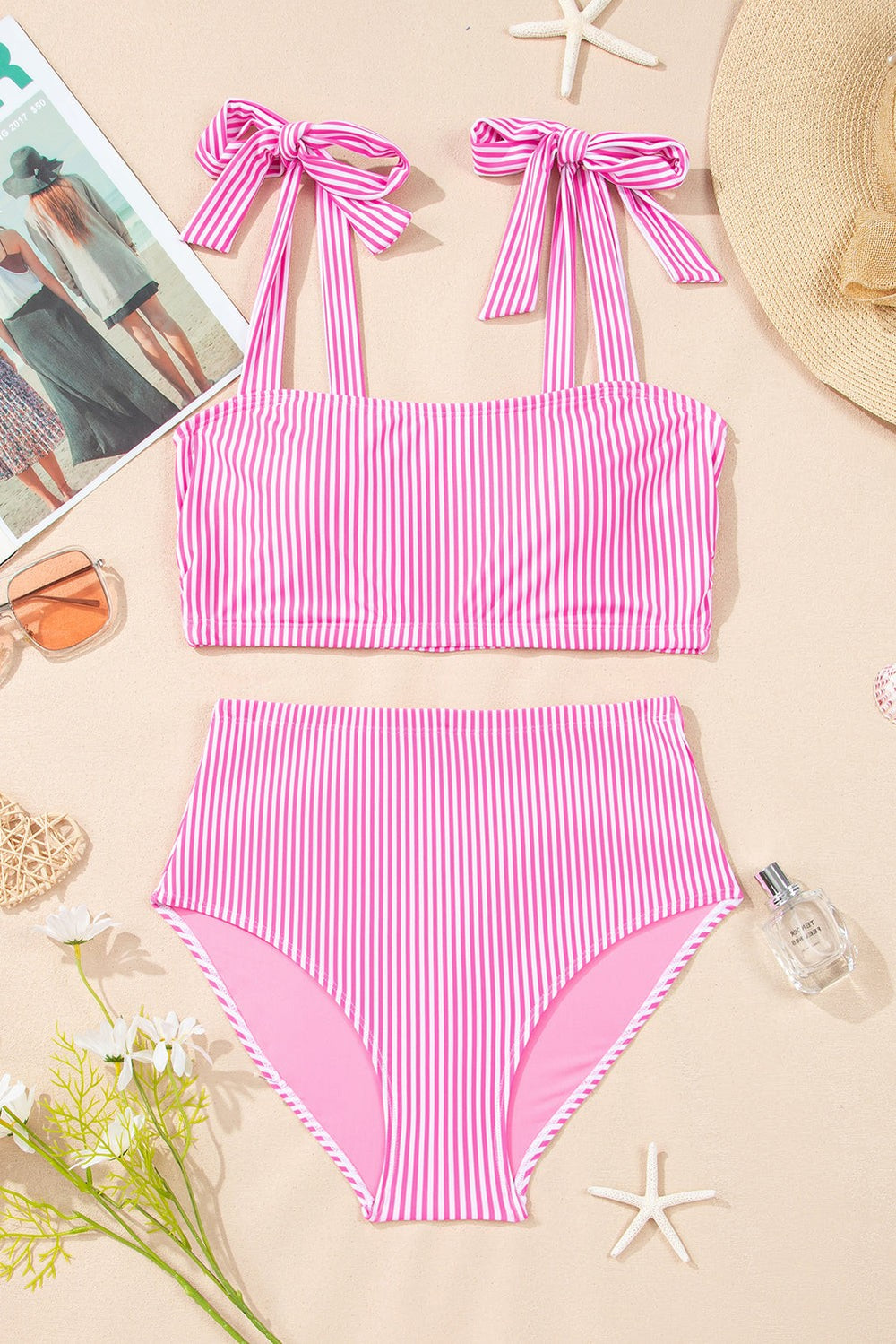 Striped knot-strap high-waist two-piece bikini set