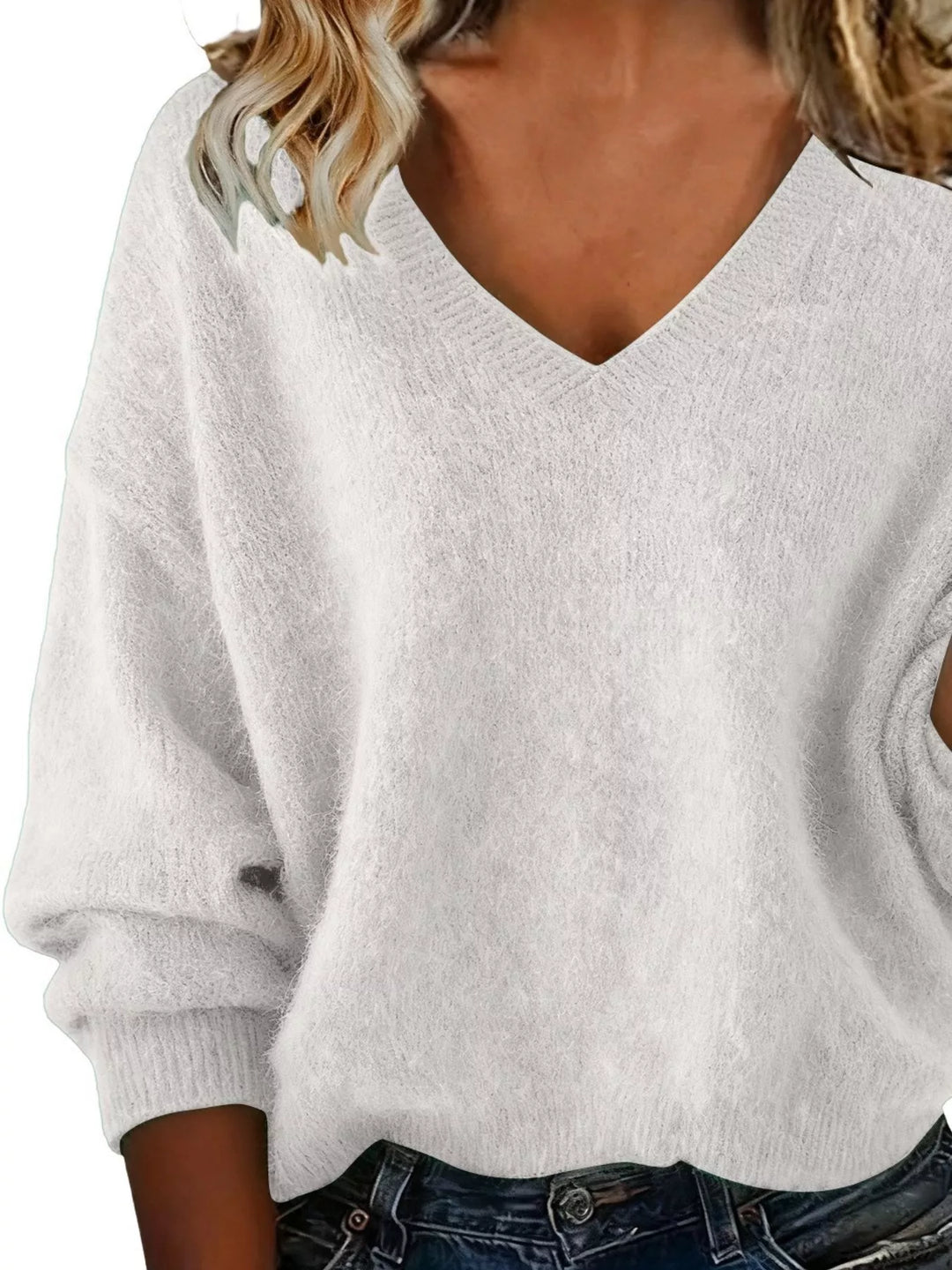 Dropped-shoulder V-neck brushed knit sweater