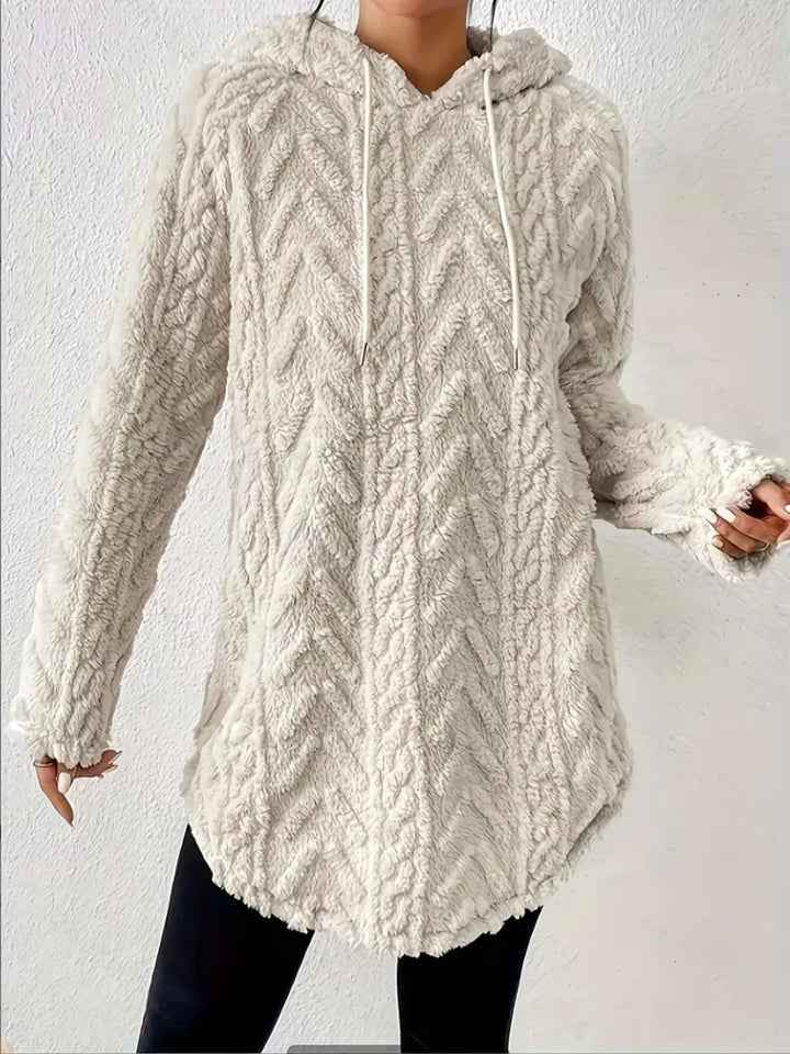 Textured cable-knit fleece pullover hoodie with drawstring