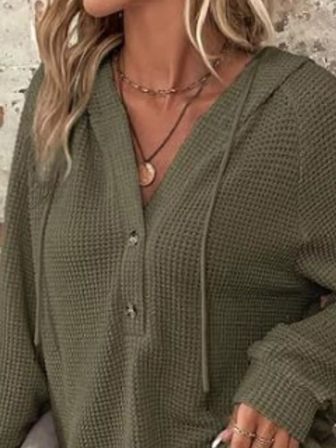 Waffle knit button-front hoodie with drawstring hood
