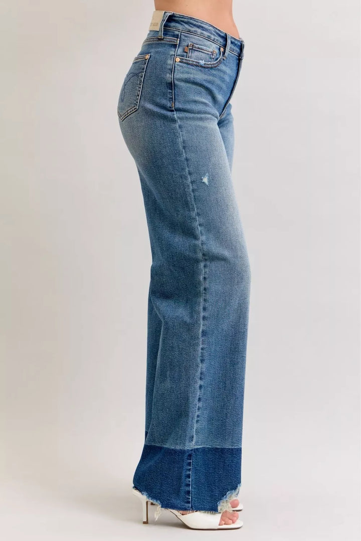 Raw hem high-rise column straight wide-leg jeans