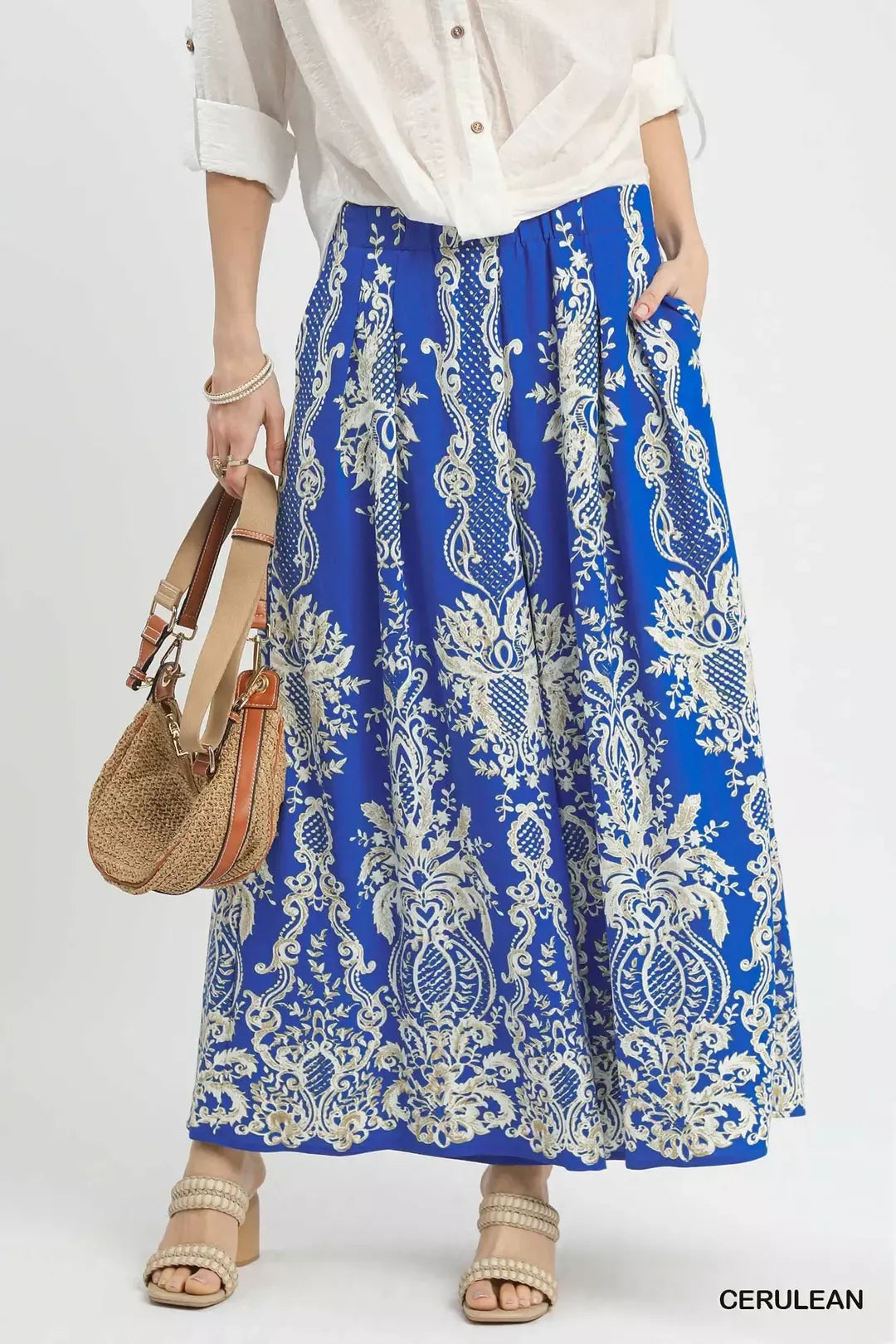 CERULEAN Border print wide leg pants with elastic waist and pockets