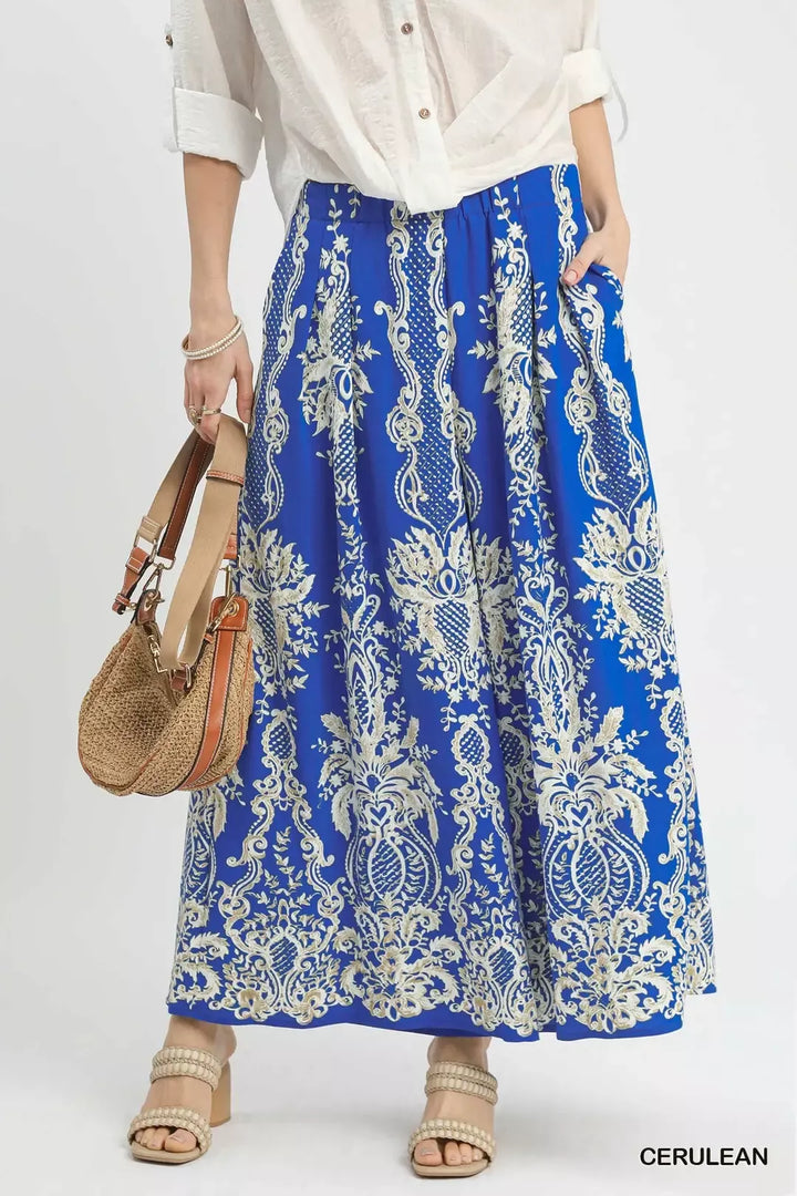 CERULEAN Border print wide leg pants with elastic waist and pockets