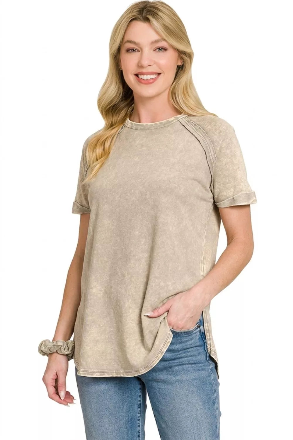 Vintage-wash French terry curved hem relaxed top