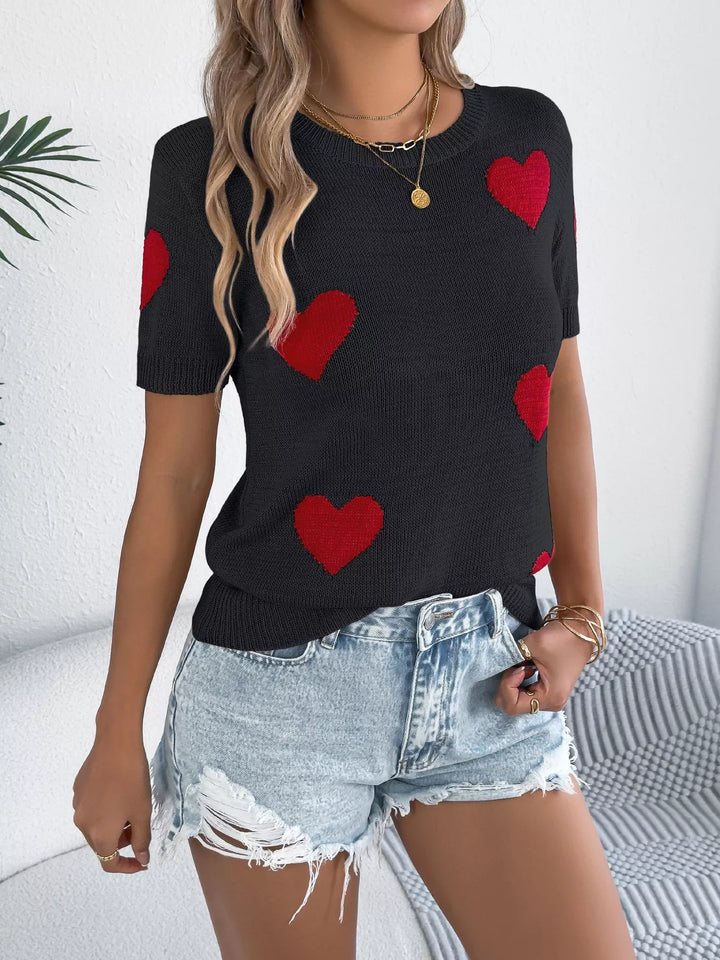 Red heart short sleeve knit top with crew neck