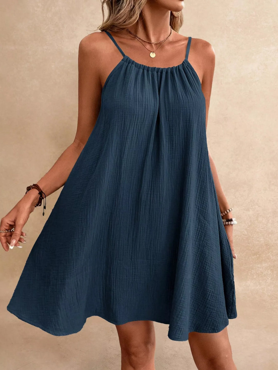 Dark Navy Backless crinkle spaghetti strap mini dress