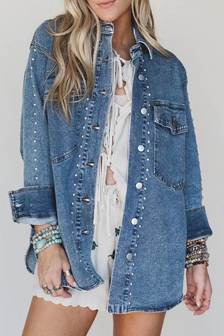 Medium Studded western denim shirt jacket with flap chest pockets