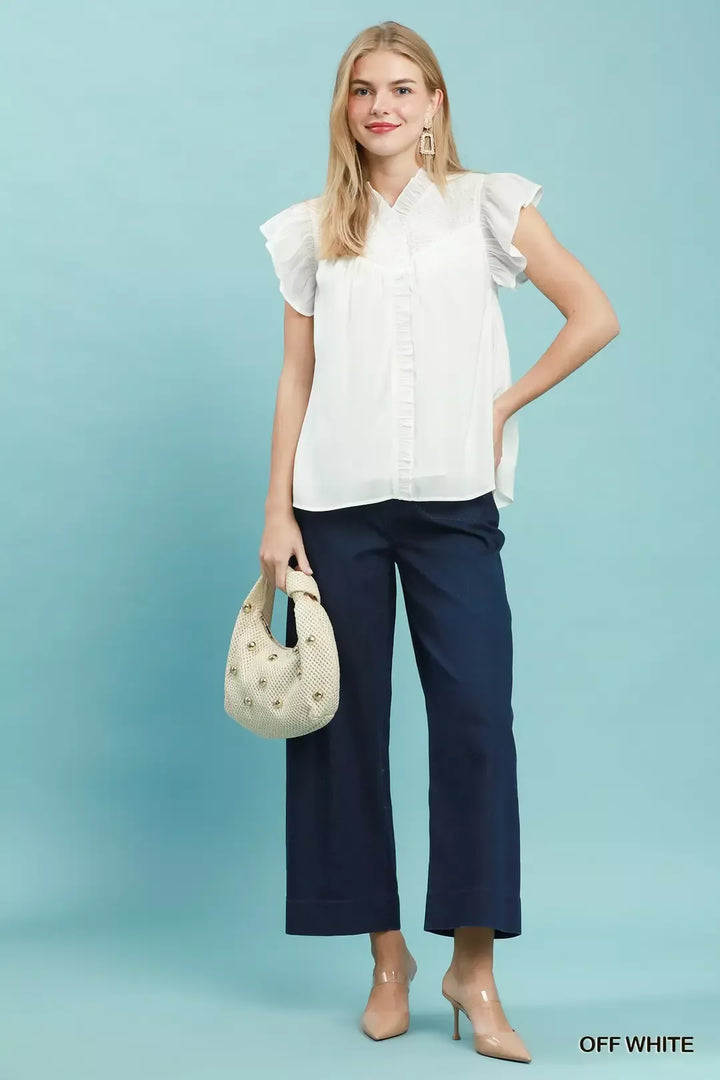 Smocked yoke button-front blouse with ruffle cap sleeves