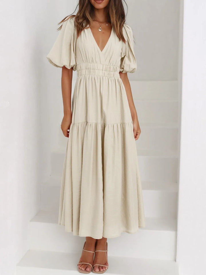 Beige Ruched waist puff sleeve v-neck tiered midi dress