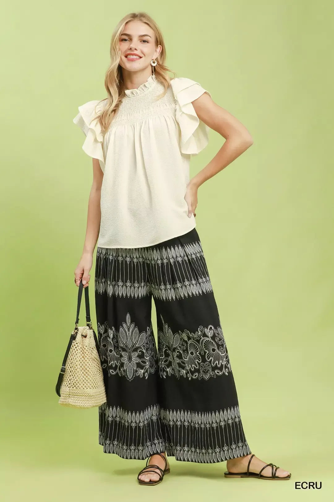 Smocked yoke ruffle flutter sleeve blouse