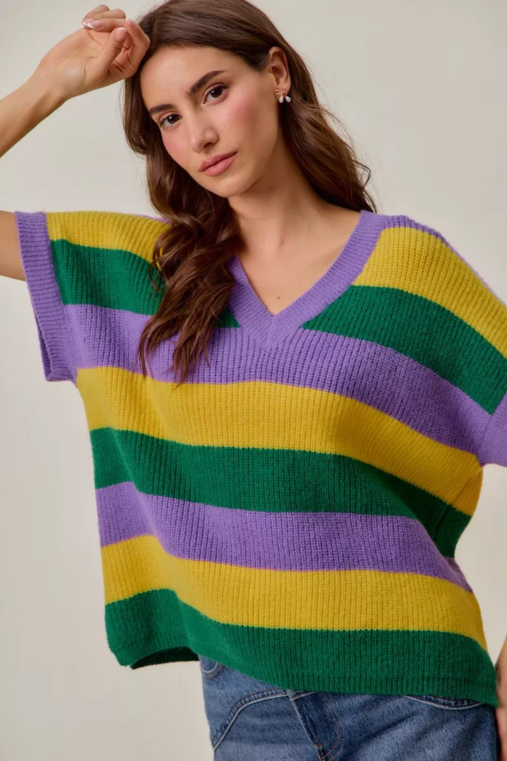 Ribbed striped V-neck short sleeve sweater top
