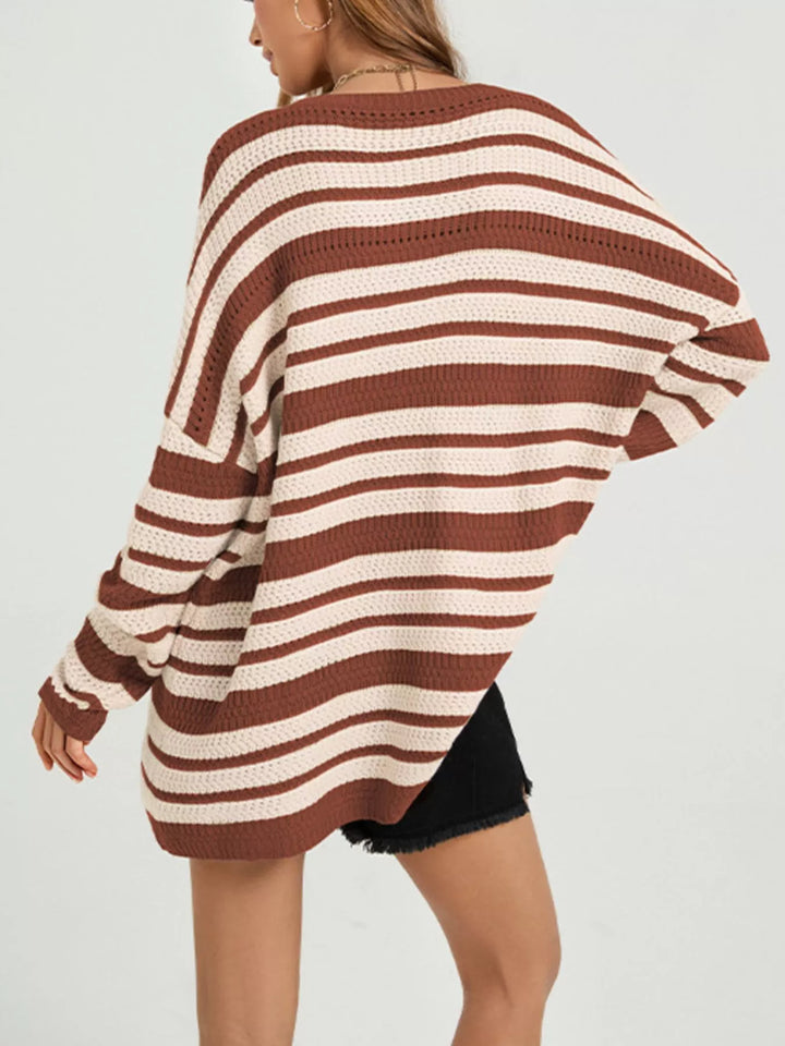 Striped open-knit drop shoulder oversized sweater