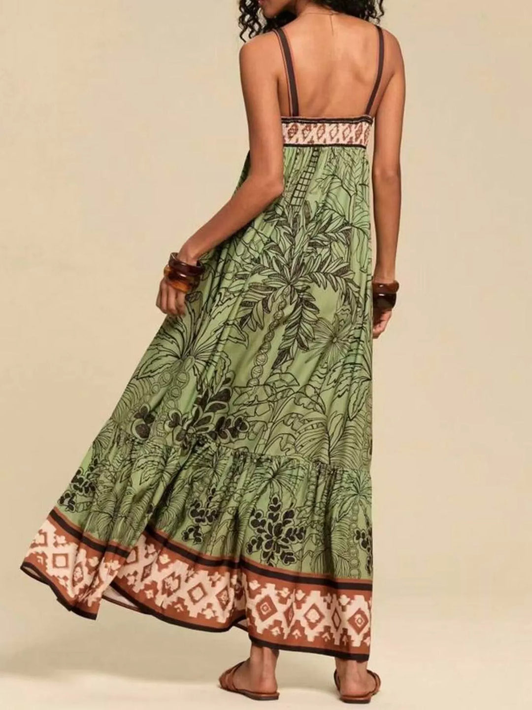 Tropical folk print square neck tiered maxi dress