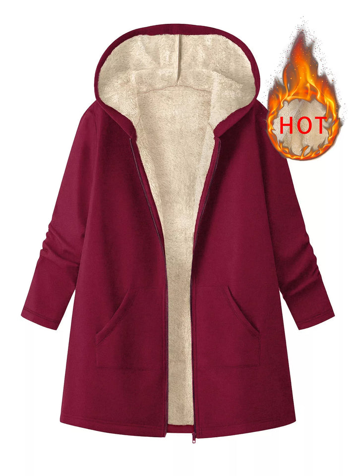 Burgundy Sherpa-lined hooded zip longline jacket with pockets