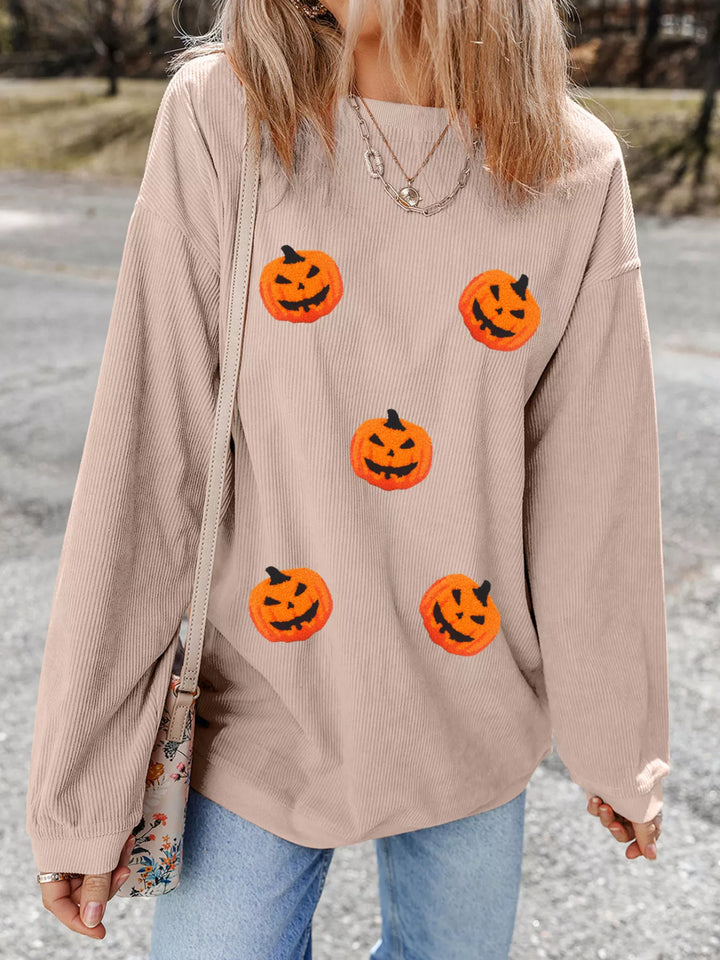 Chenille pumpkin patch ribbed drop shoulder sweatshirt