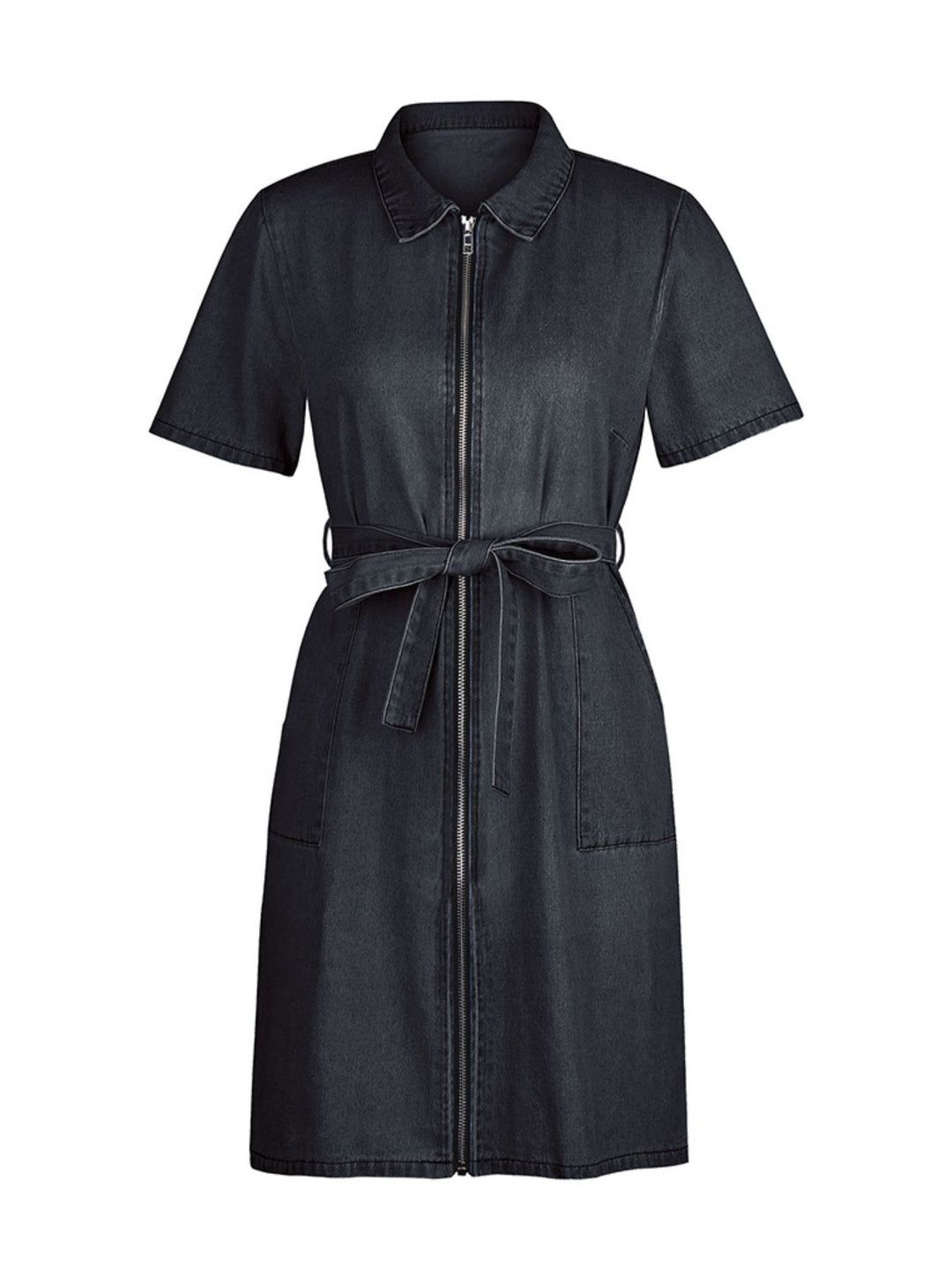 Zip front short sleeve denim mini dress with tie waist