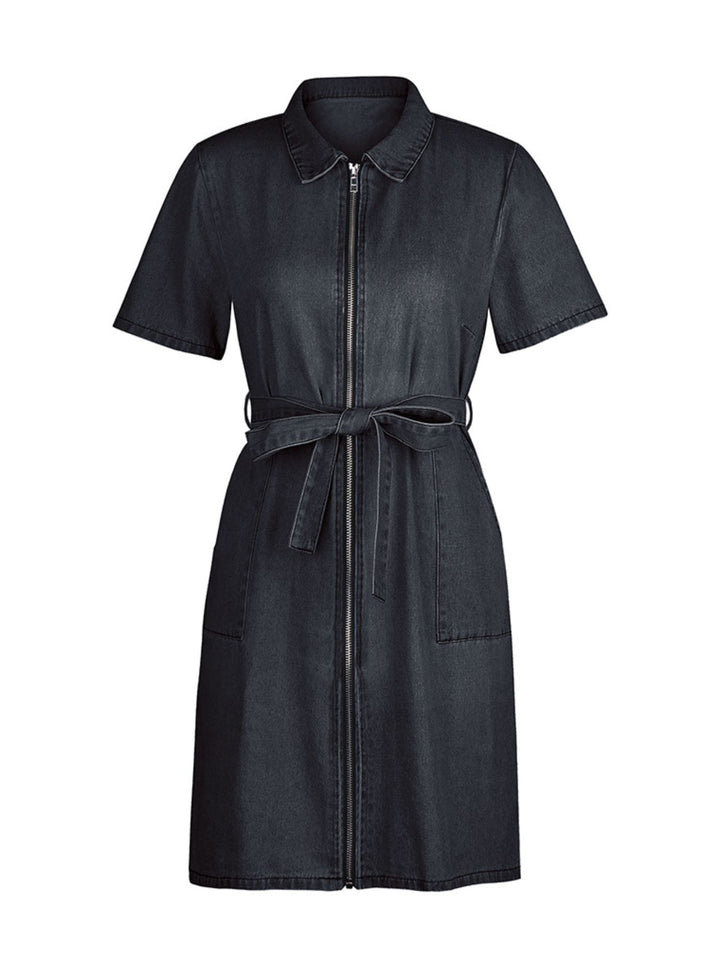 Zip front short sleeve denim mini dress with tie waist