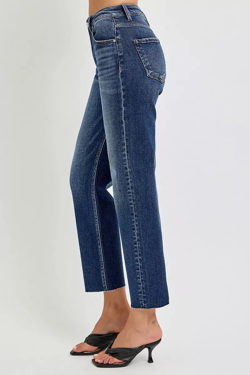 High rise slim barrel jeans with raw frayed hem